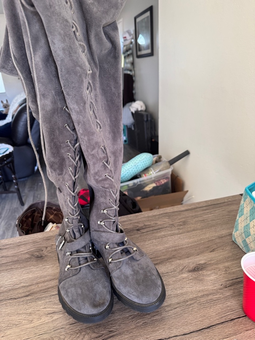 Shoe Dazzle Gray Over-the-Knee Lace-Up Suede Boots